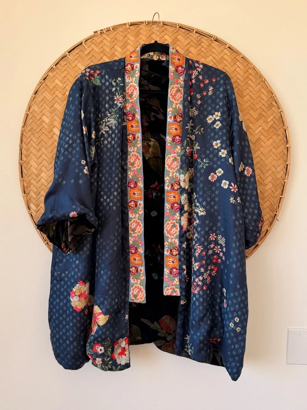 JOHNNY WAS PETITE KEHLANI REVERSIBLE FLORAL VELVET/SILK KIMONO EMBROIDERY BOHO